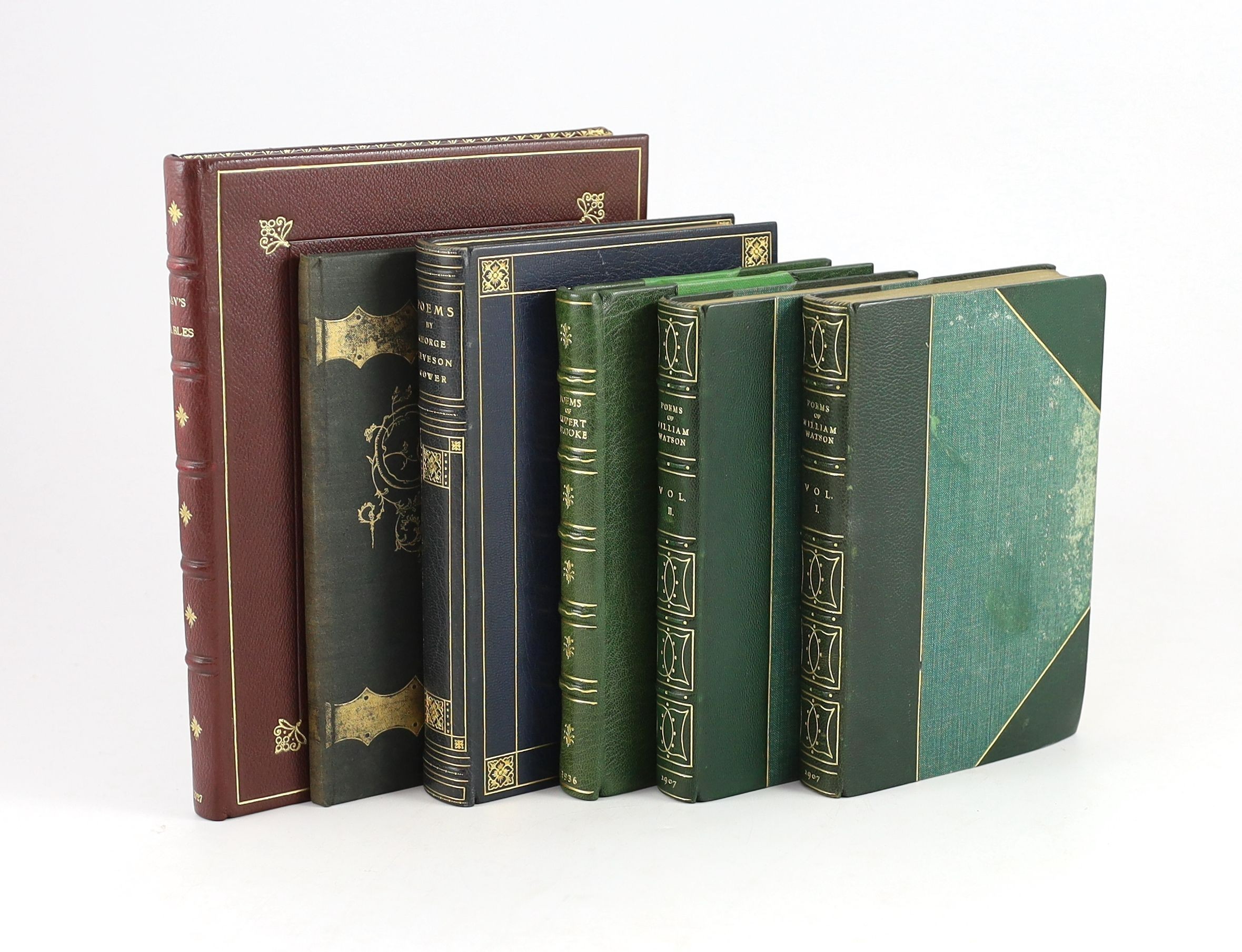 Poetry rebound in fine bindings - 6 works - Gower, George Leveson - Poems, 8vo, crushed blue morocco by Birdsall, Northampton, front board monogrammed C.L.G., William Heinemann, London, 1902; Brooke, Rupert - The Complet